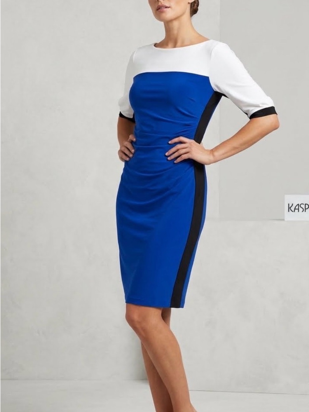 Kasper Blue and White Sheath Dress with Black Side Panels size Small